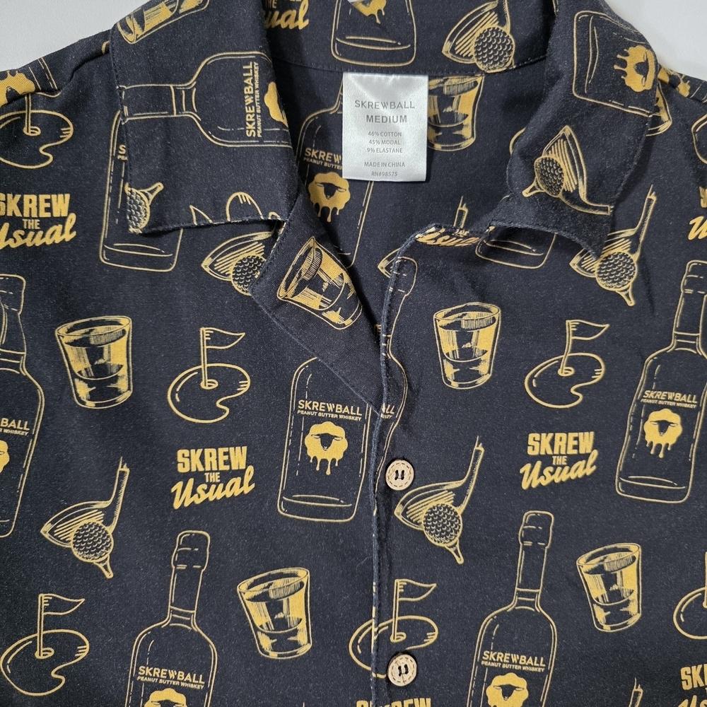 Skrewball Whiskey Men’s Button Up Shirt Medium Black Gold Graphic Stretch Casual - Picture 2 of 6